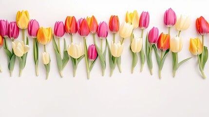  Tulips border with copy space on a white background. Beautiful frame composition of spring flowers. Generative AI