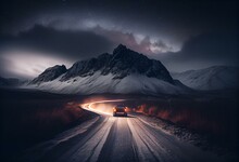 A Long Road With A Mountain In The Background And A Car Driving On It In The Snow At Night Time With A Cloudy Sky And A Few Clouds Above It, With A Few Lights. Generative AI