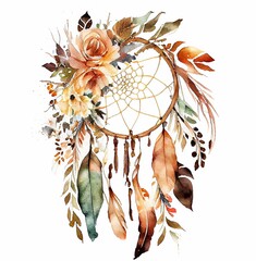 Dream catcher hand drawn watercolor illustration Fall and roses