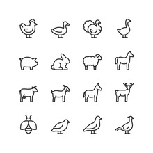 Farm Animals, Linear Style Icons Set. Animals That Are Raised On A Farm, An Animal For Dairy Products, Eggs And Meat. Editable Stroke Width