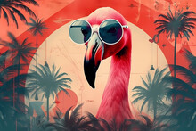 Flamingo With Sunglasses And Palms, Surreal Abstract Collage With A Vintage Style, 60s Retro Style. Generative AI