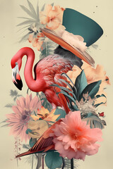 Wall Mural - flamingo and palms, surreal abstract collage with a vintage retro style. Generative AI