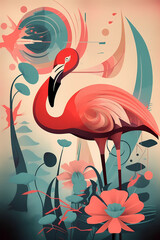 Wall Mural - flamingo and palms, surreal abstract collage with a vintage retro style. Generative AI