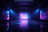Fototapeta Przestrzenne - The dark stage shows, empty dark blue, purple, pink background, neon light, spotlights. AI generated