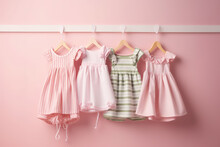 Girl Dresses Clothes In Pastel Colors On White Line Hanger In A Row. Background Of A Pink Colored Wall.  Creative Concept For A Children's Clothing Store, Children's Fashion Banner. Generative AI