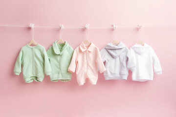 Baby Children's clothes in pastel colors hang on line hanger in a row. Background of a pink colored wall.  Creative concept for a children's clothing store, children's fashion banner. Generative AI