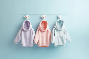 Wall Mural - Three kids hoodies in pastel colors hang on line hanger in a row. Background of a blue colored wall.  Creative concept for a children's clothing store, children's fashion banner. Generative AI