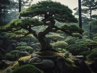 Wall Mural - A majestic and timeless view of a pine tree in a Japanese garden