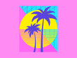 Retro futuristic palm trees in 80s style at sunset. Summer time, palm trees on the background of the sun, synthwave style. Design for advertising brochures and banners. vector illustration