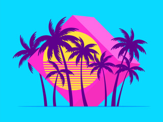 Wall Mural - 3d cube with palm trees at sunset in the style of the 80s. Futuristic advertising banner with palm trees in virtual reality, metaverse. Synthwave and retrowave style. Vector illustration