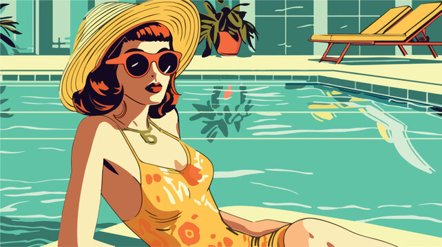 Wall Mural -  - Girl sitting by the pool. Retro cartoon vector style. Woman in holiday wearing a bathing suite relaxing near the swimming pool. Summer paradise. Taking vacations in a resort. Beautiful relaxation art