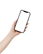 Female hand holding cell phone with blank screen on transparent background. Mockup