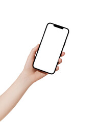 Female hand holding cell phone with blank screen on transparent background. Mockup