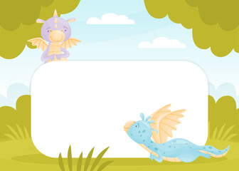 Sticker - Cartoon Cute Baby Dragon with Wing and Tail Empty Card Vector Template