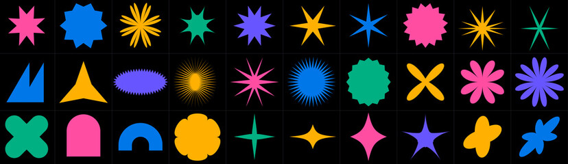 Poster - Geometric figures in the style of brutalism. Trendy geometry. Crowns and stars and daisy flowers. Set with different shapes.