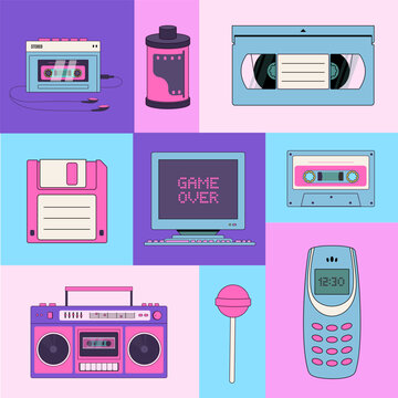 Collection of 90s elements: old pc, phone, audio player, cassette, tape, floppy disk, boombox. Geometric poster in pop art style. Flat vector illustration