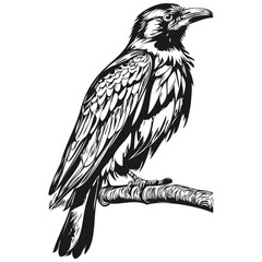 Wall Mural - Black and white linear paint draw Raven vector illustration corbie