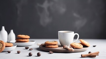 White cup, coffee and cookies on a white floored table. Coffee grains on the ground and dark background with copy space.