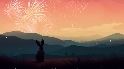 Sticker - Rabbit in the background of a fireworks landscape Generative AI