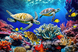 Fototapeta Fototapety do akwarium - Coral reef with wild sea turtles and fish, tropical ocean underwater life, generative AI