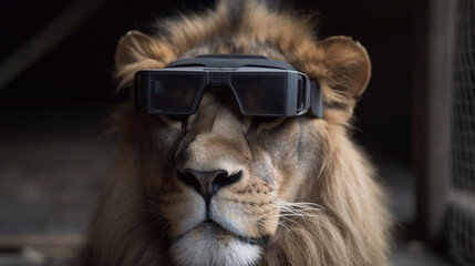 Canvas Print - Lion wearing virtual reality glasses Generative AI