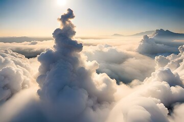 a plume of clouds in the sky, a cloud that looks like a mountain, elegant brushstrokes, clouds reaching for the sun, background to heaven, valley below, peace and calm above the cloud. generated by AI