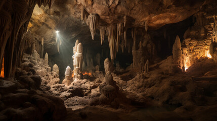 Poster - A mysterious cave with stalactites and stalagmites Generative AI