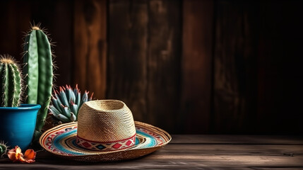 Cinco de Mayo holiday background with Mexican cactus and party sombrero hat on wooden table