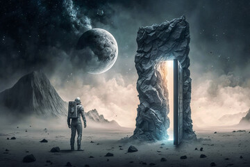 Astronaut or space traveler standing at the ominous rock gate on remote planet. Fantasy, future, universe and space travel art concept. Fictional person and place. Made with Generative AI