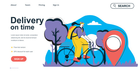 Poster - delivery on time concept for landing page template. woman courier carries parcel on bicycle to clien