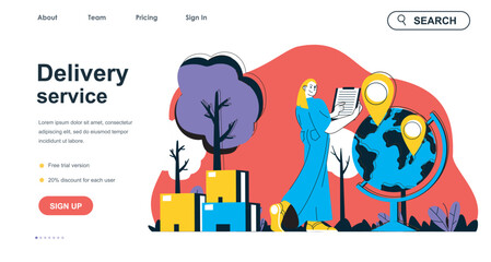 Poster - delivery service concept for landing page template. woman operator sends parcels by world. global lo