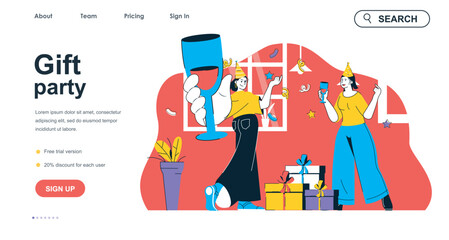Poster - Gift party concept for landing page template. Women celebrating holiday, giving gifts and drinking champagne. Festive event people scene. Vector illustration with flat character design for web banner