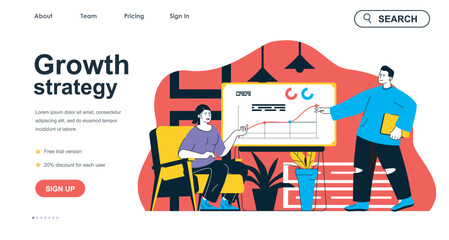 Poster - Growth strategy concept for landing page template. Man and woman analyze company development data. Success business planning people scene. Vector illustration with flat character design for web banner