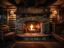 A Cozy, Lit Fireplace In A Cabin
