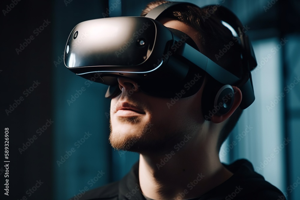 User wearing a vr headset and interacting with virtual reality, the ...