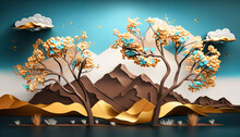 Ai Generated, 3d Illustration Wallpaper Landscape Art. Brown Trees With Golden Flowers And Turquoise Mountains In Light Gray Background With White Clouds.