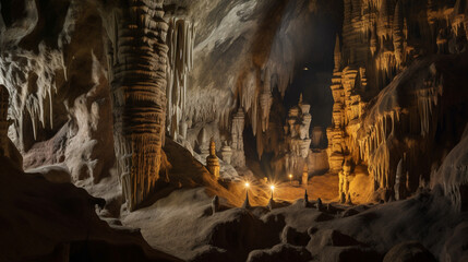 Wall Mural - An impressive cave with stalactites and stalagmites Generative AI