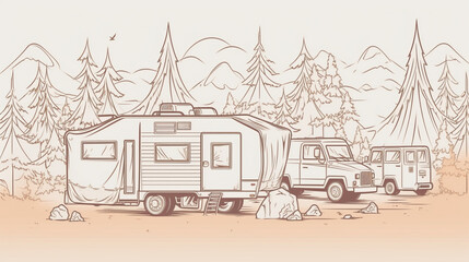 Sticker - Background camping truck Wallpaper one-line drawing Generative AI