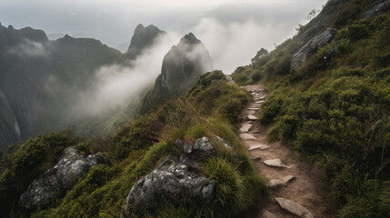 Poster - A misty mountain with rocky trails and breathtaking Generative AI