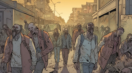 Wall Mural - A pack of hungry zombies wandering through a city Generative AI