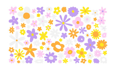 Wall Mural - Trendy floral print illustration. Set of vintage 70s style flowers on isolated background. Colorful pastel color groovy artwork collection, y2k nature poster with spring plants.	