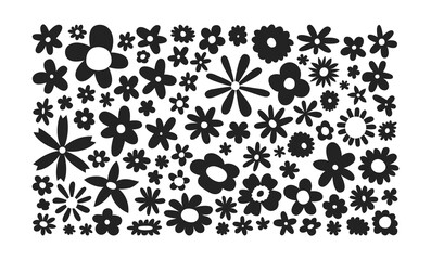 Wall Mural - Trendy floral print illustration. Set of vintage 70s style flowers on isolated background. Black and white artwork collection, y2k nature poster with spring plants.	
