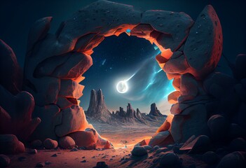 Magic portal in a rock or alien planet with flying stones around at night 3d illustration. Generative AI