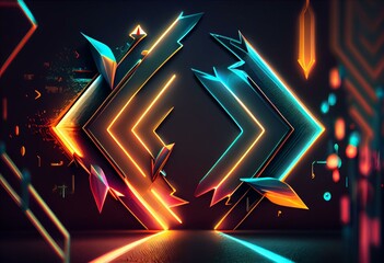 Wall Mural - 3d render, abstract geometric background with colorful arrows glowing with neon light. Generative AI