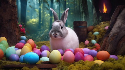 A little bunny in the enchanted chocolate forest in the middle of many colorful easter eggs.