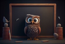 Cute Cartoon Owl In Front Of A Blackboard. Generative AI