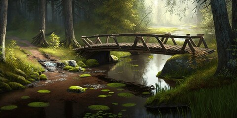 Wall Mural - Little, slender wooden bridge across a brook or creek in the woods Generative AI