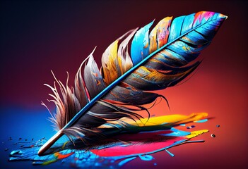 Wall Mural - AI generated image of colorful pen feather over paint effect against bright blue background. Generative AI