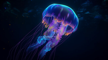 Wall Mural - Glowing jellyfish swim deep in blue sea. Medusa neon jellyfish fantasy in space cosmos among stars