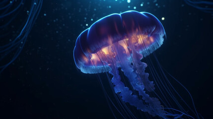 Wall Mural - Glowing jellyfish swim deep in blue sea cosmos. Medusa neon jellyfish fantasy in space cosmos